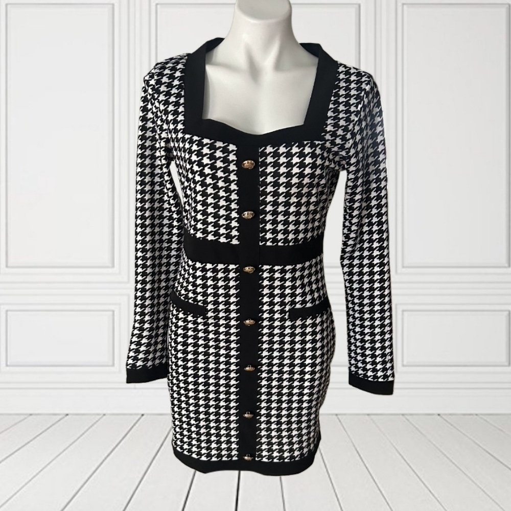 Chic Houndstooth Button-Down Dress Larfe - image 2